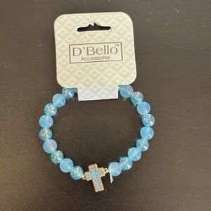 D'Bello  Blue Beaded Stretch Charm Bracelet Cross Womens Fashion Jewelry NEW